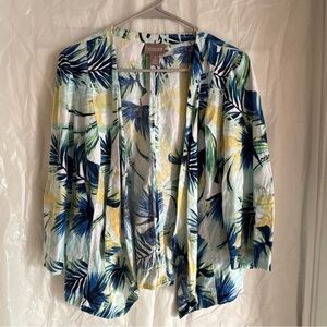 Chico’s Tropical Garden Linen Open Drape Front Jacket Women’s Sz Medium Blue